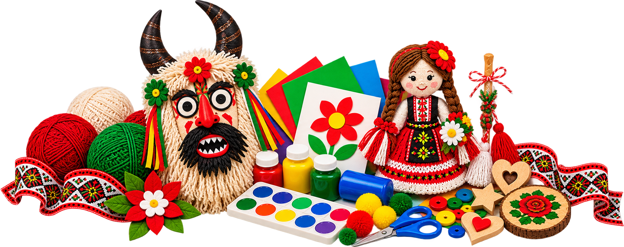 Bulgarian arts and crafts with Kuker mask, traditional doll, yarn, paints and folk decorations