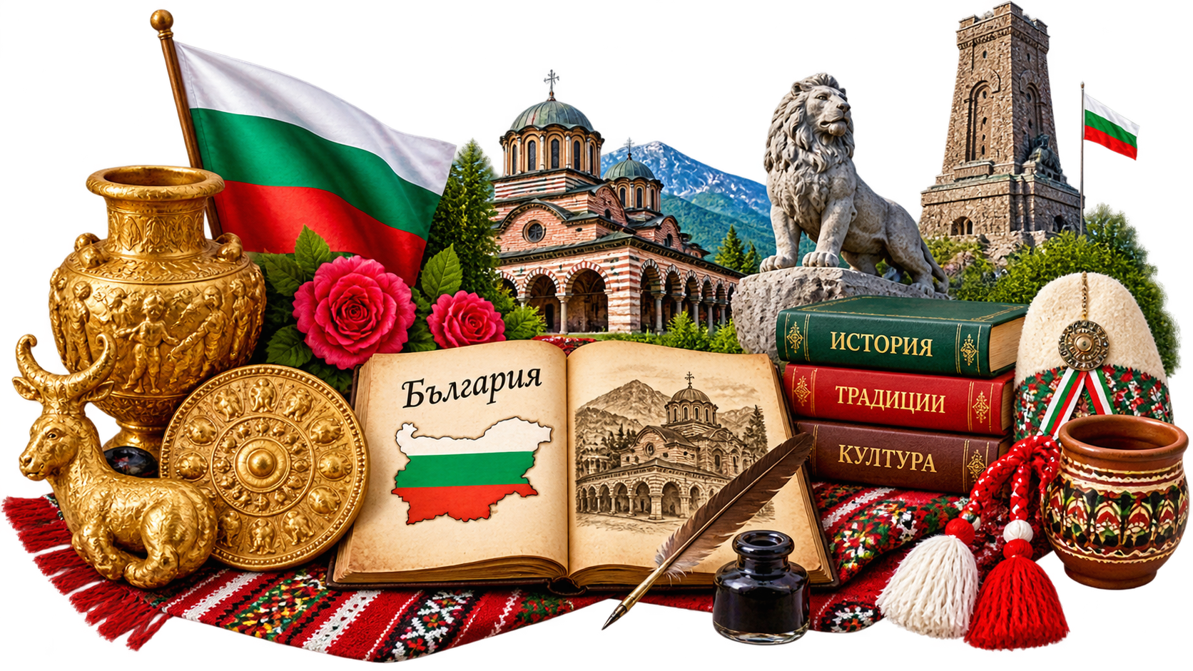 Bulgarian culture and history with landmarks, traditional crafts, historical artifacts and Bulgarian heritage