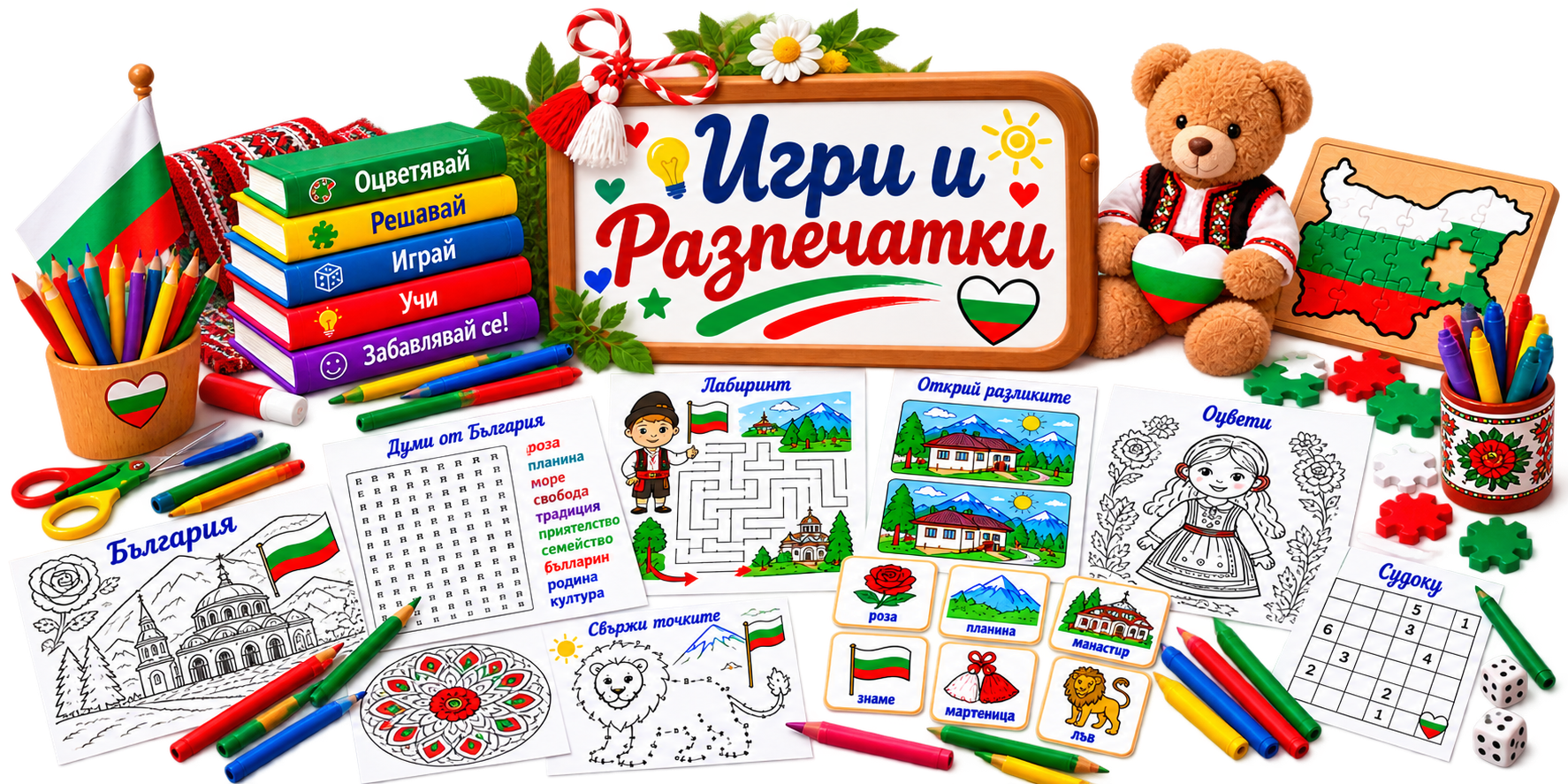 Bulgarian kids games and printable worksheets with puzzles, coloring pages, flashcards and activities