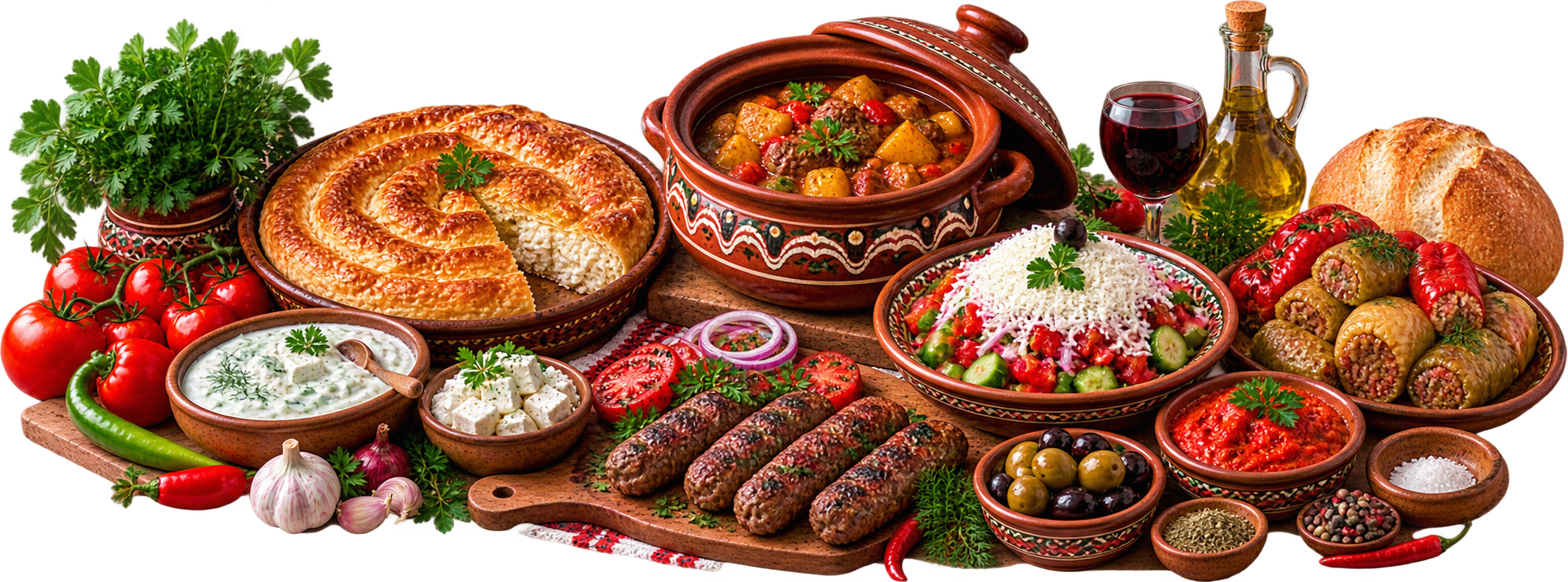 Traditional Bulgarian recipes including banitsa, Shopska salad, kebapche, stuffed peppers and Bulgarian dishes
