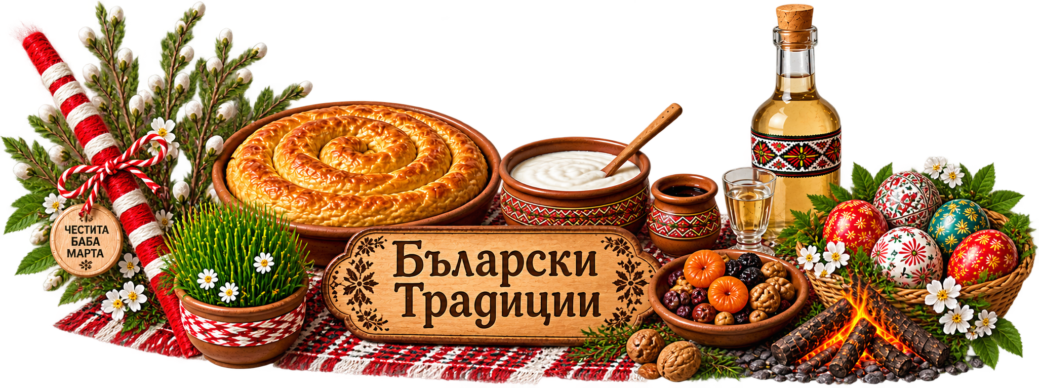 Bulgarian traditions with Survachka, Martenitsa, Bulgarian flag, banitsa and traditional decorations